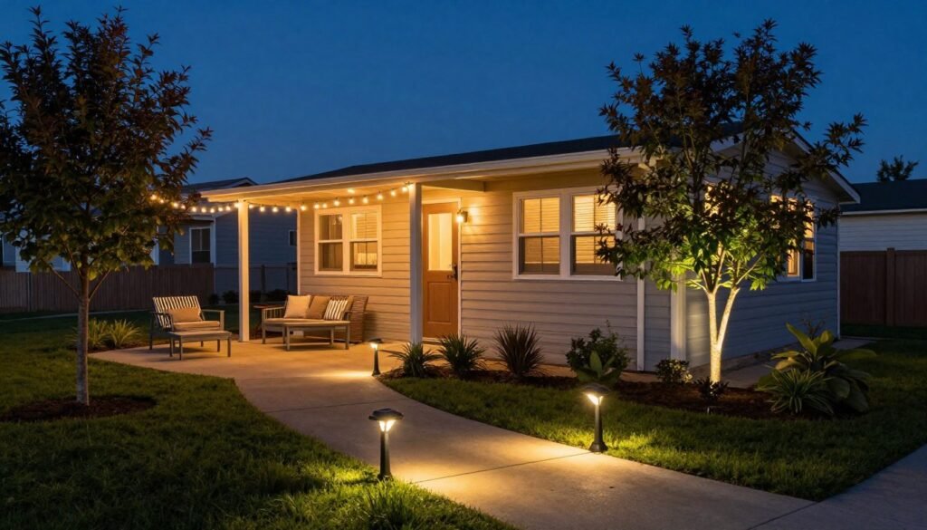 Mobile home exterior at dusk with warm pathway lighting, string lights over a seating area, and accent lights highlighting landscaping features