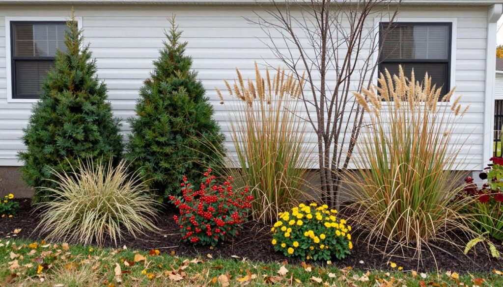 Mobile home landscape showing plants with year-round interest including evergreens, ornamental grasses, and perennials with winter structure