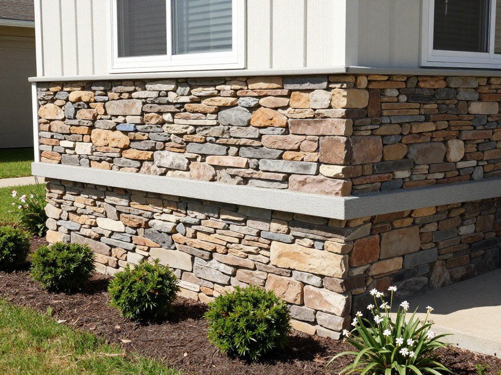 Mobile home with attractive stone veneer skirting surrounded by small shrubs and flowering plants creating a permanent foundation appearance