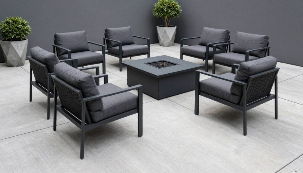 Modern back patio with sleek furniture, concrete pavers, and minimalist landscaping Modern back patio with sleek furniture, concrete pavers, and minimalist landscaping