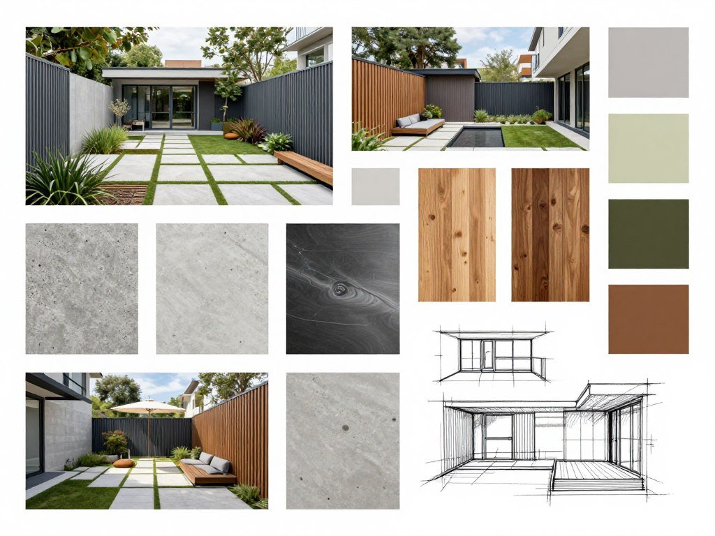 Modern backyard design mood board with material samples and inspiration images