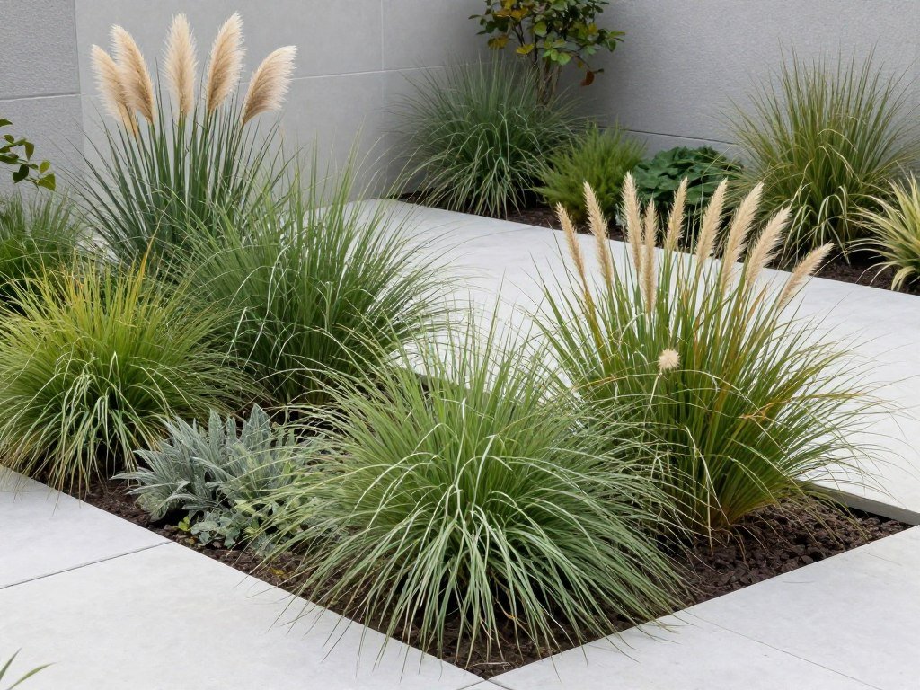 Modern backyard featuring ornamental grasses creating movement and texture against clean hardscaping