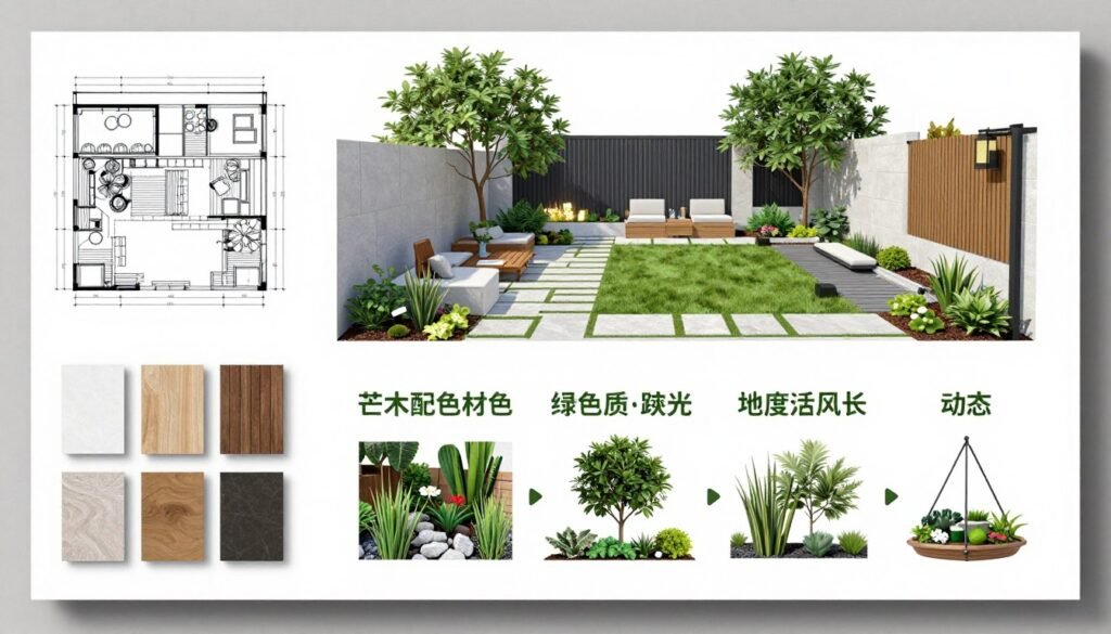 Modern backyard landscape plan showing phased implementation approach