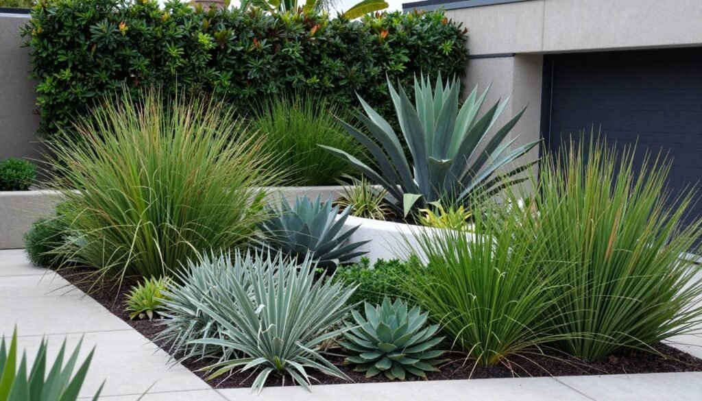 Modern backyard landscaping featuring architectural plants, ornamental grasses, and structured planting beds