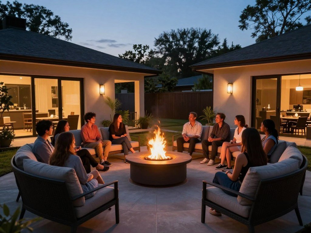 Modern backyard patio with fire pit surrounded by comfortable seating for evening gatherings