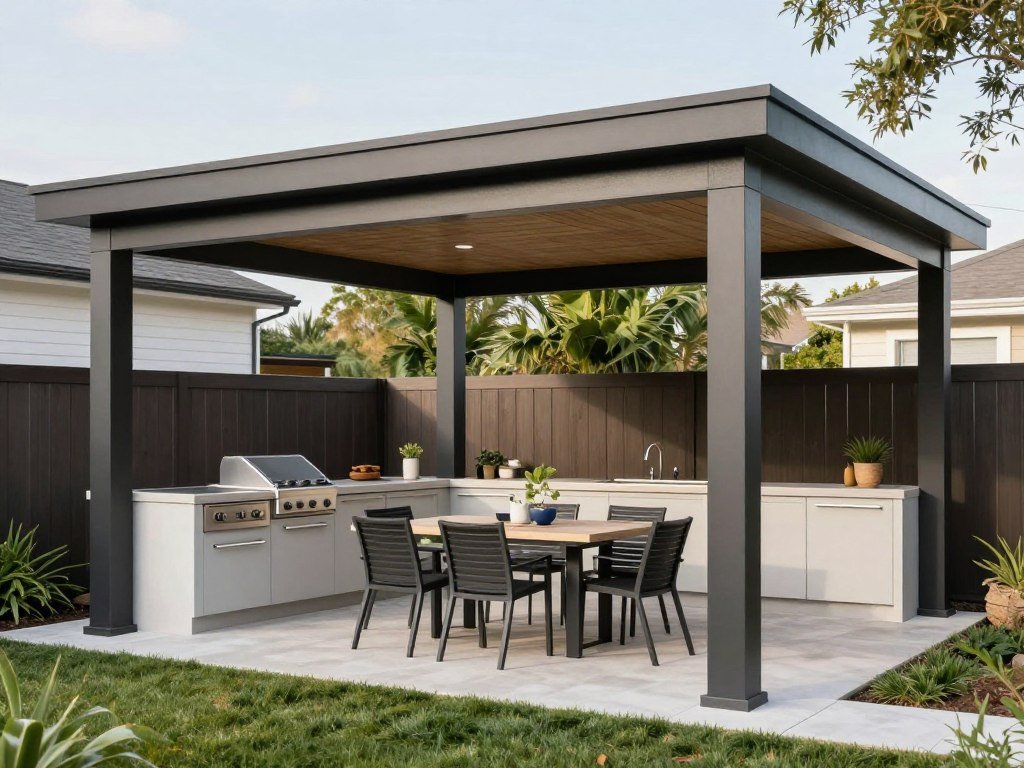 Modern backyard pavilion with outdoor kitchen and dining area