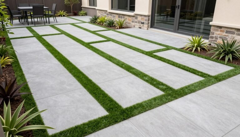 Modern backyard with alternating turf and pavers creating a geometric pattern