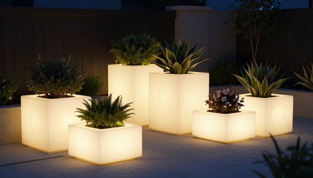 Modern backyard with glowing LED planters containing ornamental plants