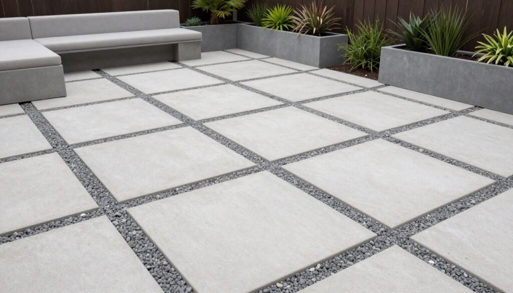 Modern backyard with large concrete pavers and gravel creating a geometric pattern in a modern backyard landscaping design