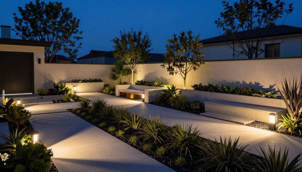 Modern backyard with strategic landscape lighting highlighting architectural elements and pathways