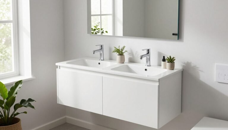 Modern bathroom featuring an IKEA vanity with double sinks and minimalist styling