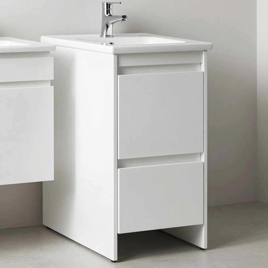 Modern bathroom vanity with storage tower in high-gloss white