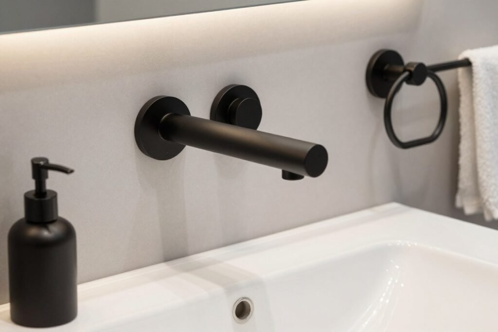 Modern bathroom vanity with wall-mounted matte black faucet and coordinating accessories