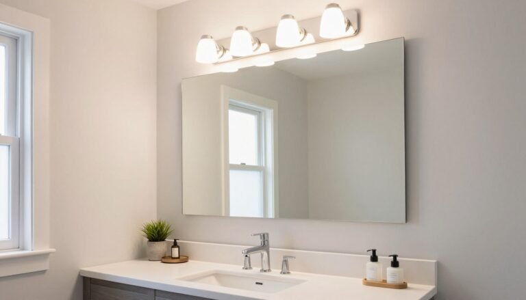 Modern bathroom with elegant vanity lighting installed over a rectangular mirror