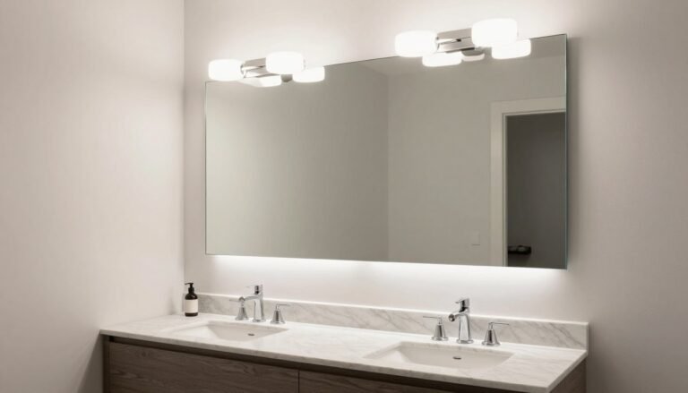 Modern bathroom with elegant vanity lighting installed over a rectangular mirror