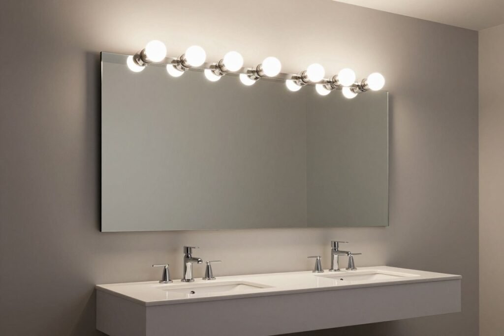 Modern bathroom with horizontal vanity bar light above mirror