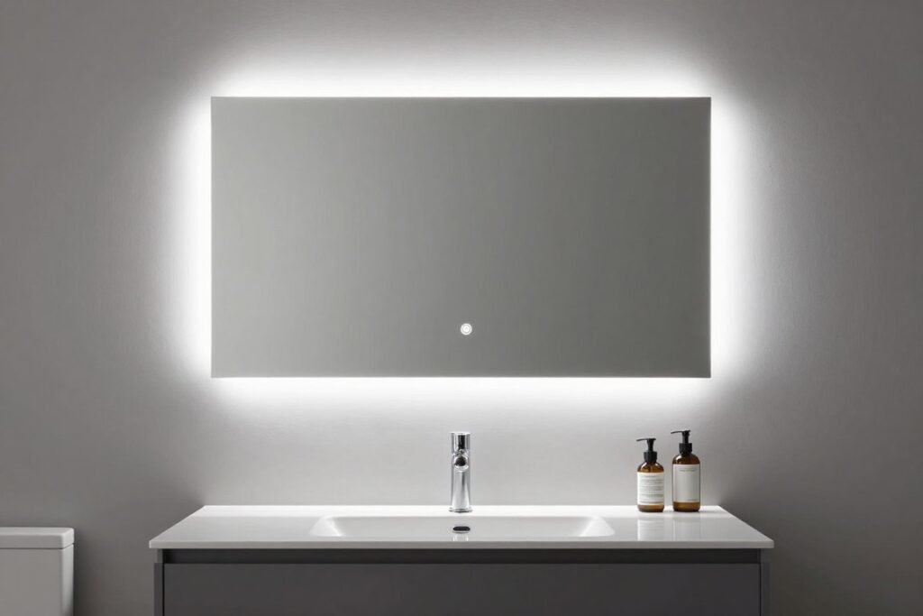 Modern bathroom with integrated LED mirror providing even illumination