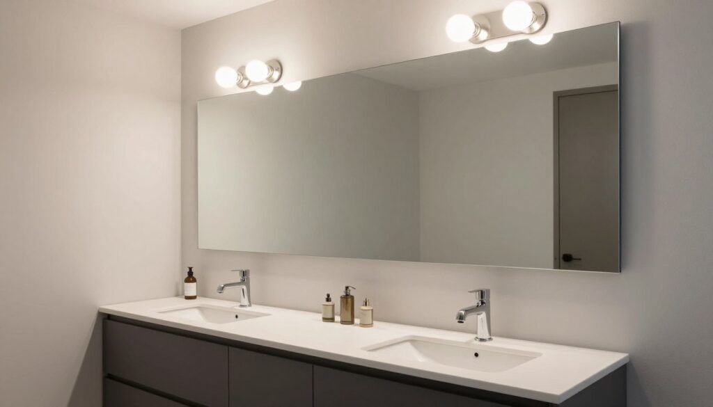 Modern bathroom with linear vanity bar light over double sink