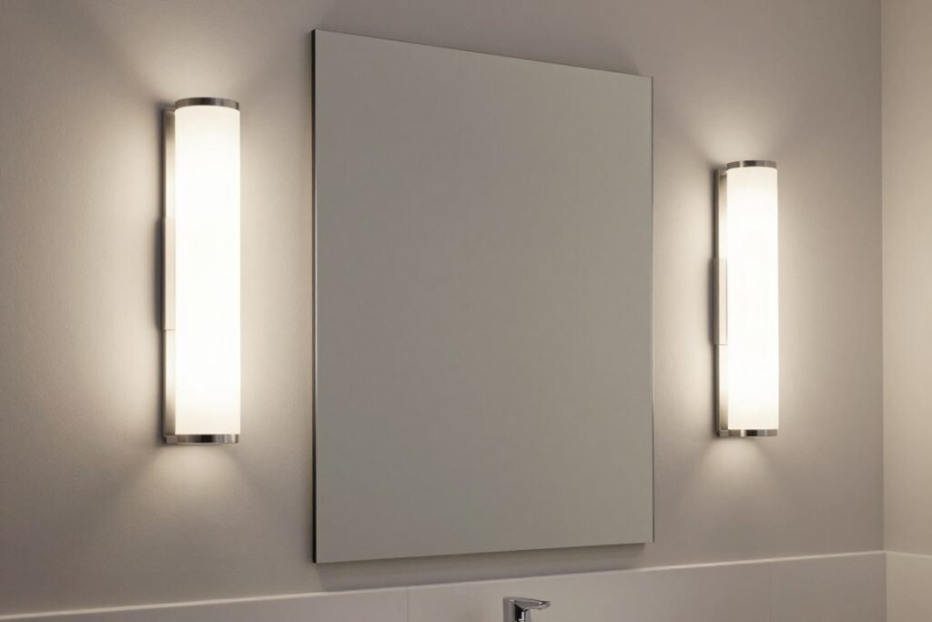 Modern bathroom with sleek wall sconces flanking vanity mirror
