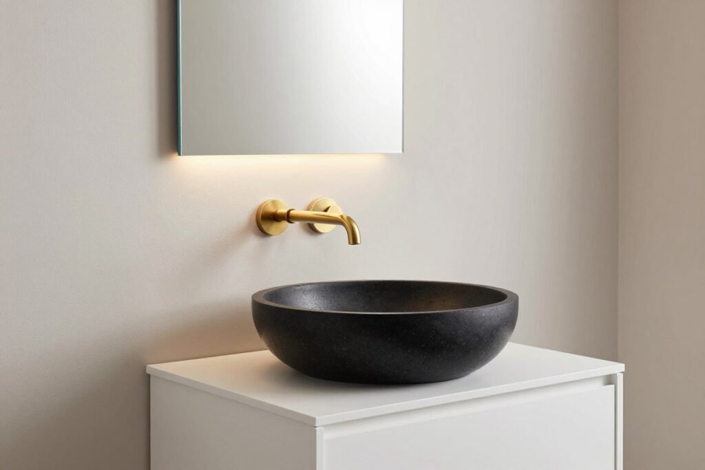 Modern bathroom with white vanity topped with a black stone vessel sink and wall-mounted faucet