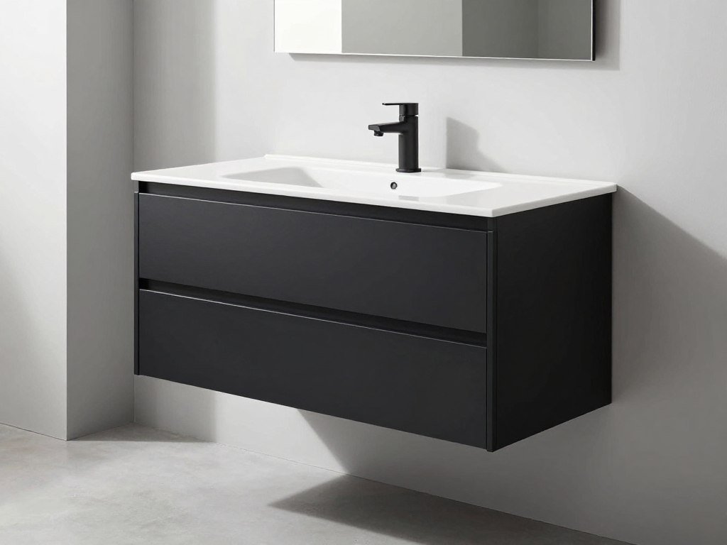 Modern black bathroom vanity with clean lines and minimal hardware