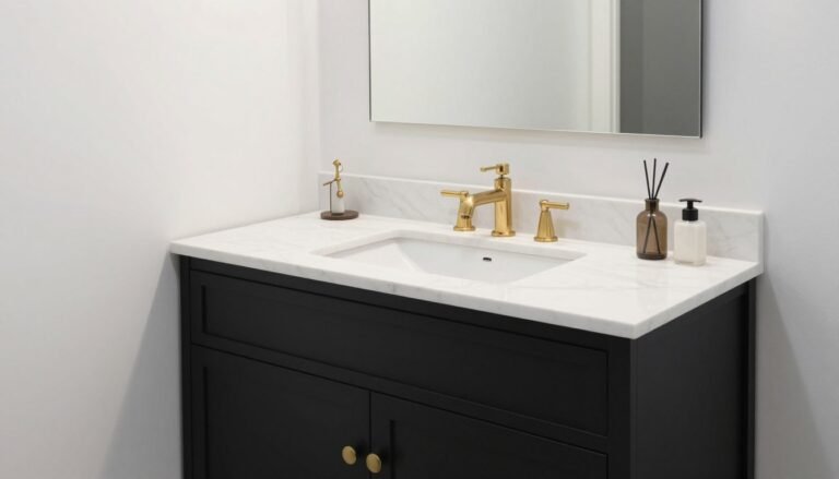 Modern black bathroom vanity with white marble countertop and brass hardware in a bright bathroom