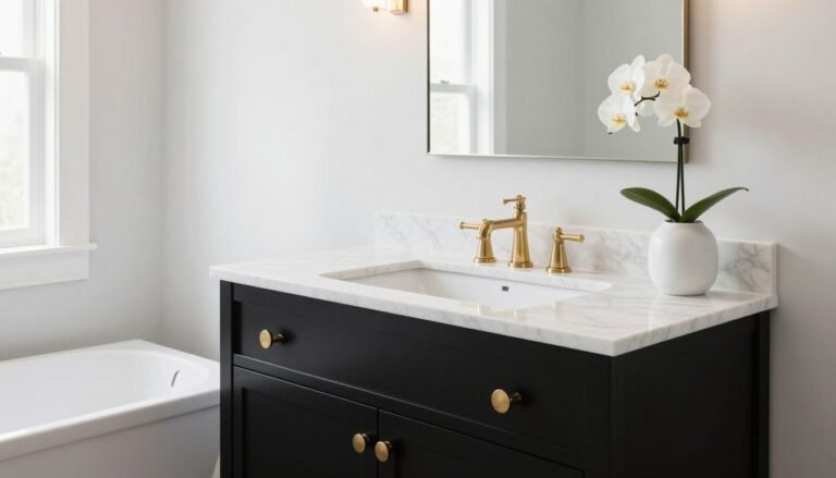 Modern black bathroom vanity with white marble countertop and gold hardware in a bright bathroom