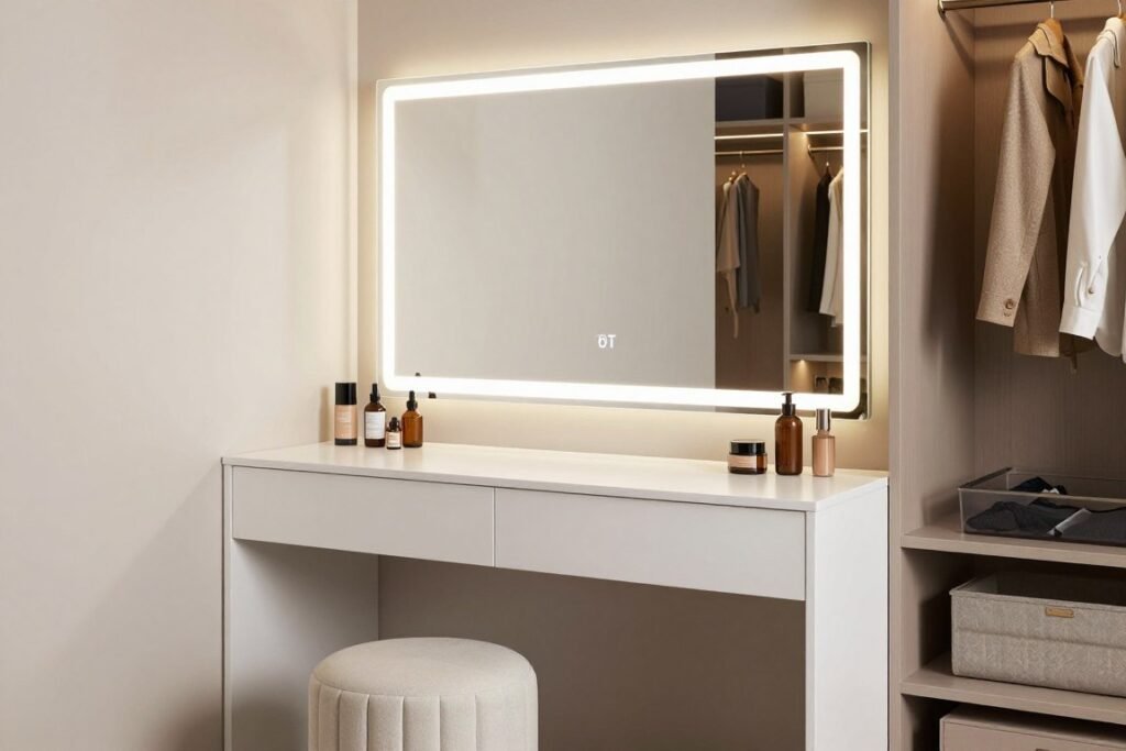 Modern closet vanity design with built-in lighting and minimalist white furniture