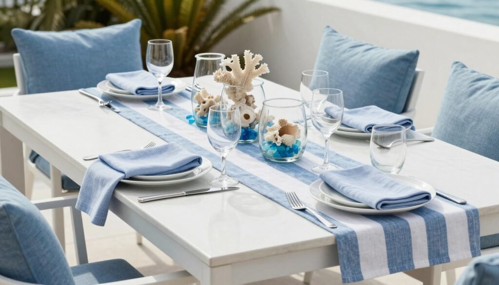 Modern coastal chic outdoor dining table with blue and white theme