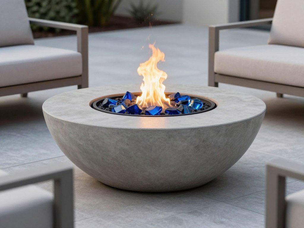 Modern concrete fire bowl with glass fire rocks on a contemporary patio with minimalist furniture