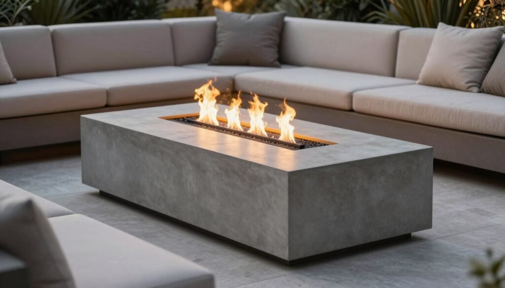 Modern concrete fire table on a contemporary patio with sectional seating