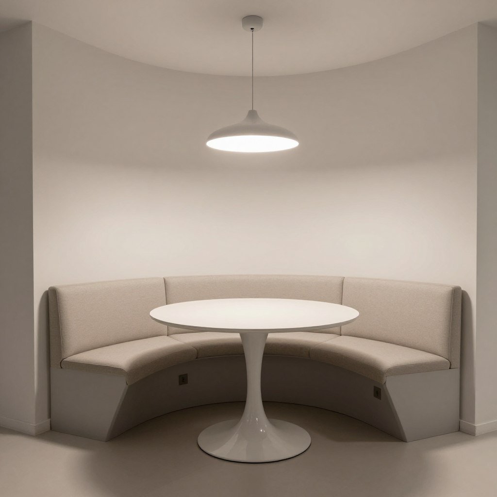 Modern corner dining nook with built-in seating and pendant lighting
