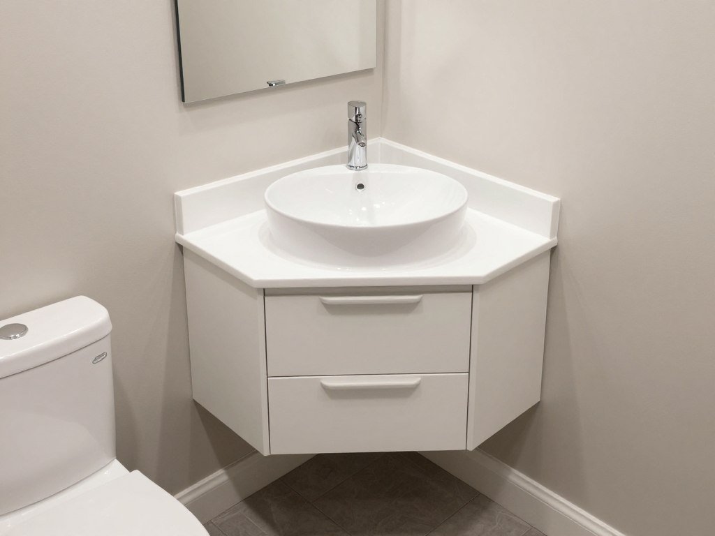 Modern corner vanity maximizing space in a small bathroom with efficient storage solutions