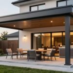 Modern covered patio attached to house with comfortable seating and outdoor kitchen