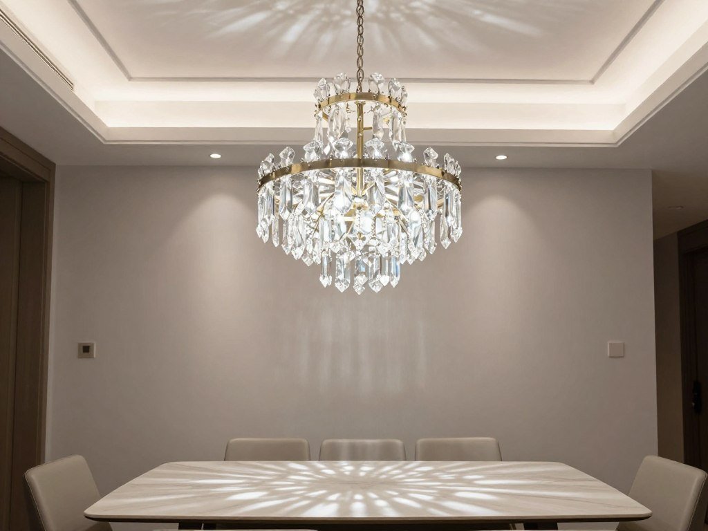 Modern crystal chandelier hanging over a rectangular dining table, creating dramatic shadows and light patterns