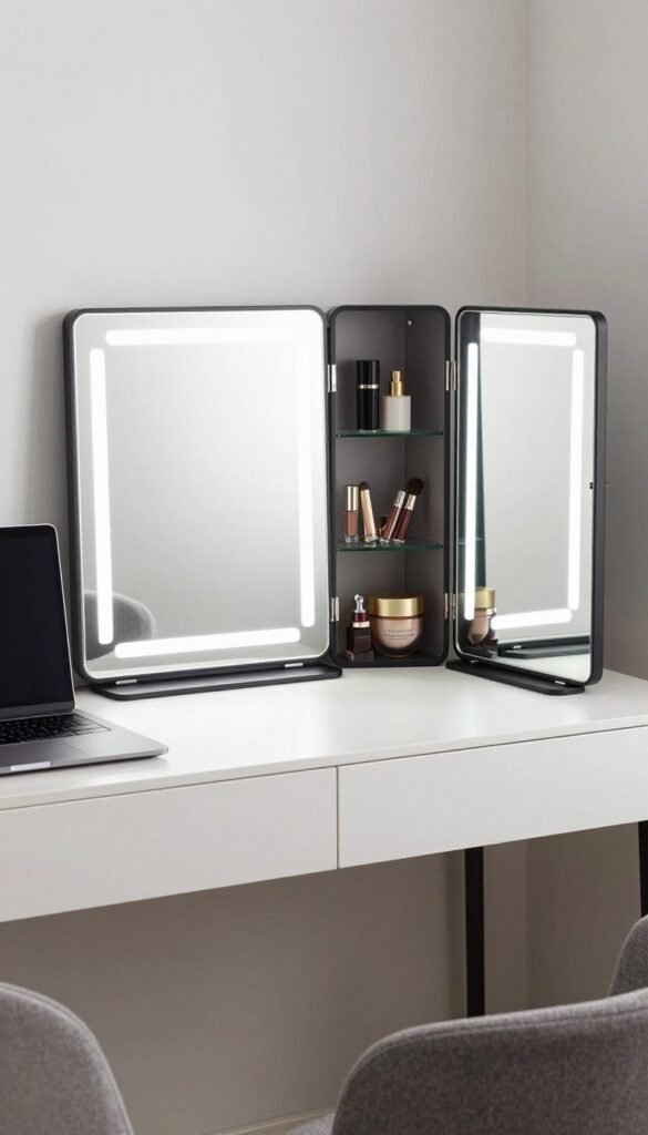 Modern desk and vanity combo with flip-top mirror section and organized storage compartments