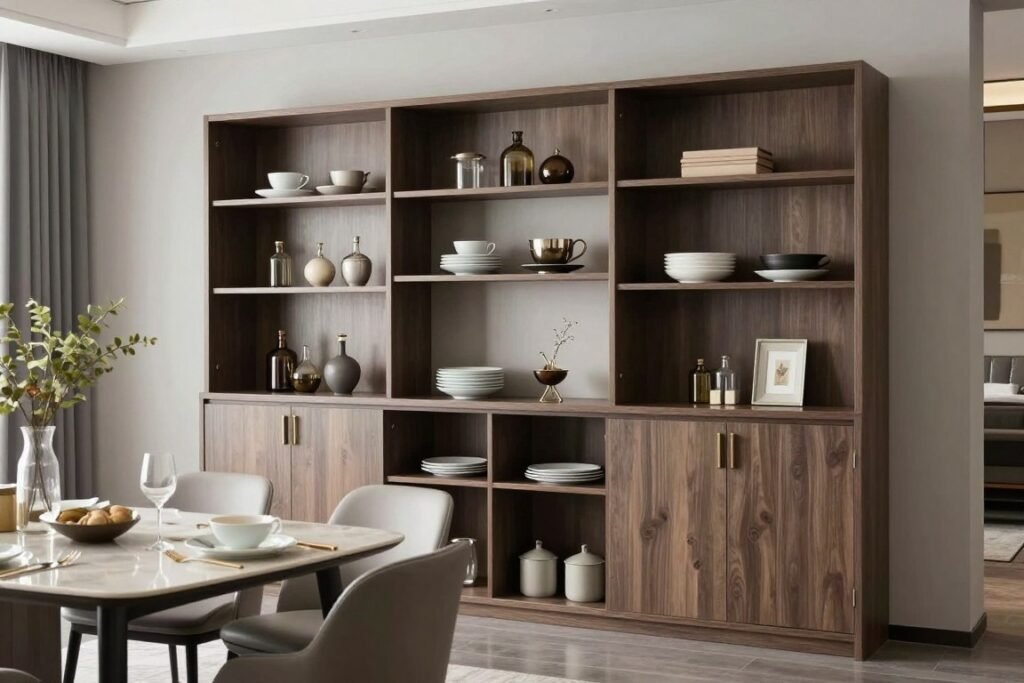 Modern dining room hutch with both open and closed storage displaying contemporary dinnerware and decorative items Modern dining room hutch with both open and closed storage displaying contemporary dinnerware and decorative items