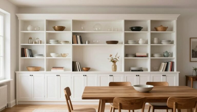 Modern dining room with a full wall of built-in storage cabinets and open shelving in white, featuring a mix of display items and concealed storage