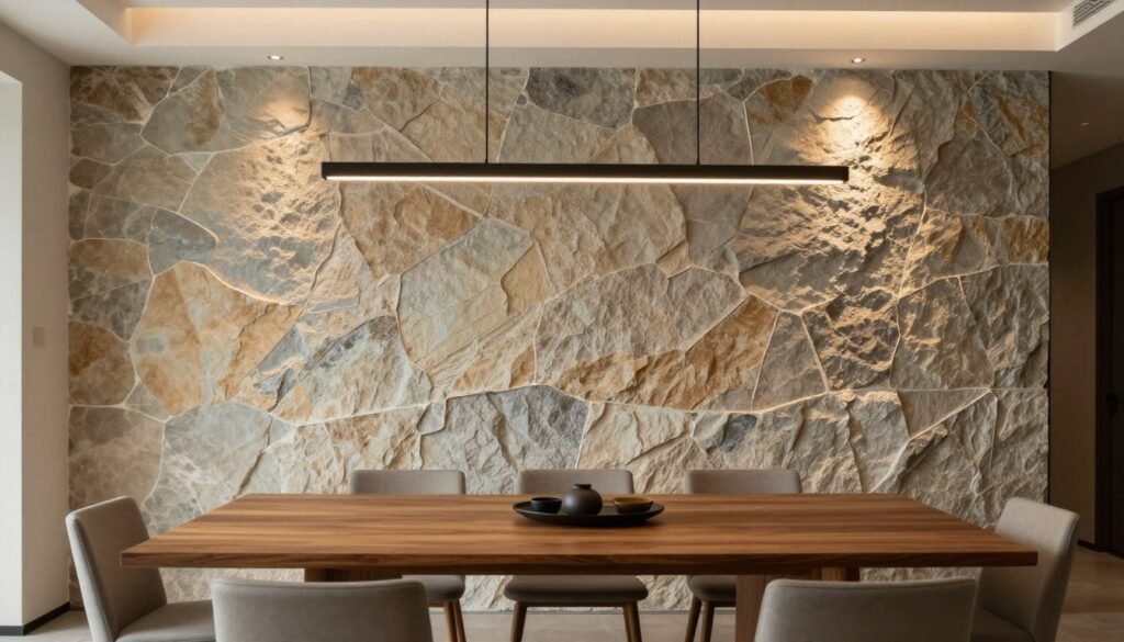 Modern dining room with a stone accent wall, wooden table, and pendant lighting creating a warm atmosphere