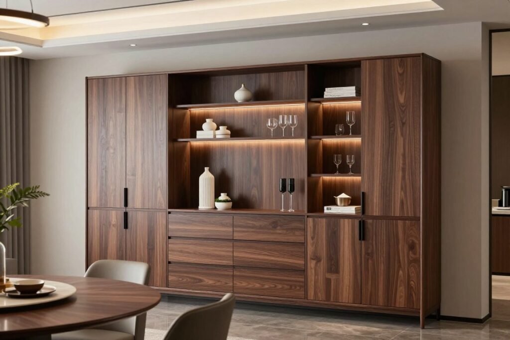 Modern dining room with dark wood built-in buffet featuring open shelving and closed storage