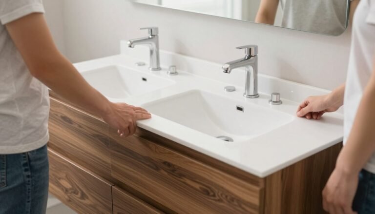 Modern double sink bathroom vanity with two people using it simultaneously