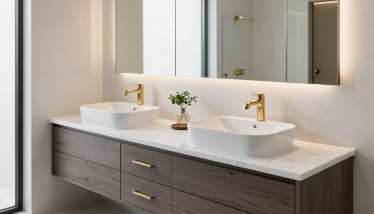 Modern double vanity bathroom with marble countertop and two vessel sinks