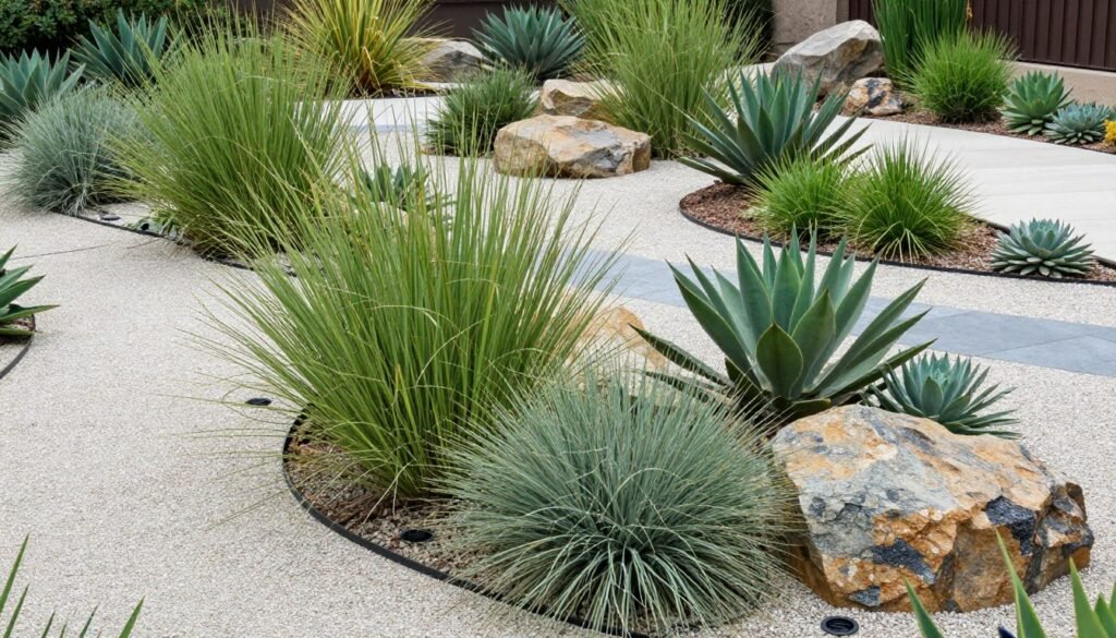 Modern drought-tolerant garden with architectural succulents and gravel in a contemporary backyard landscape
