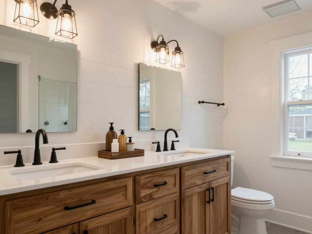 Modern farmhouse bathroom with black matte fixtures and industrial-inspired vanity lighting