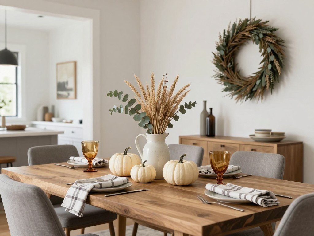 Modern farmhouse dining room decorated for fall with subtle seasonal elements Modern farmhouse dining room decorated for fall with subtle seasonal elements