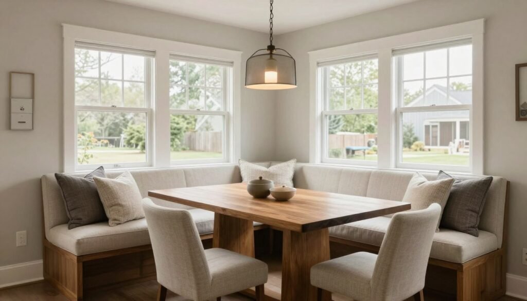 Modern farmhouse dining room with a built-in banquette seating arrangement by a window Modern farmhouse dining room with a built-in banquette seating arrangement by a window