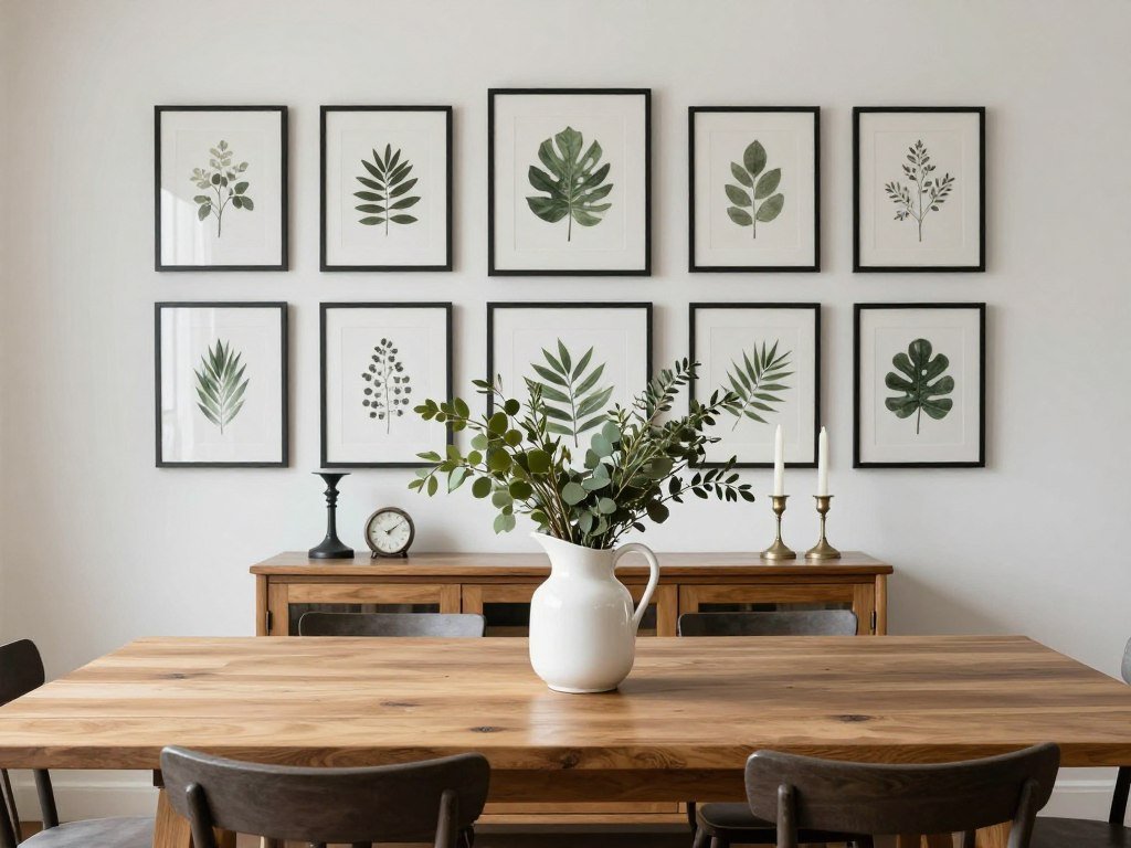 Modern farmhouse dining room with carefully curated accessories including a simple centerpiece, wall art, and vintage elements Modern farmhouse dining room with carefully curated accessories including a simple centerpiece, wall art, and vintage elements