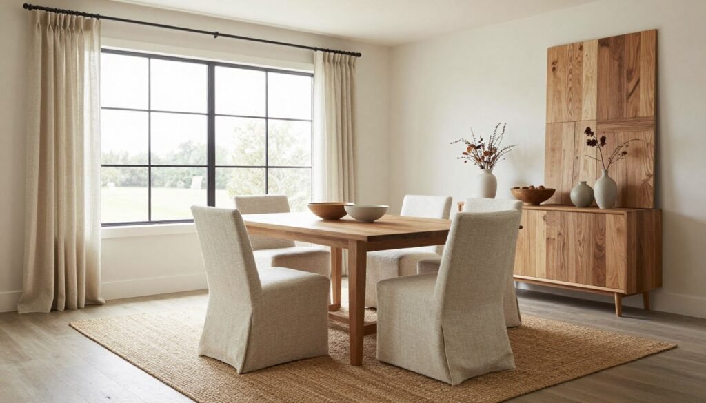 Modern farmhouse dining room with layered textures including a jute rug, linen curtains, and wooden elements Modern farmhouse dining room with layered textures including a jute rug, linen curtains, and wooden elements