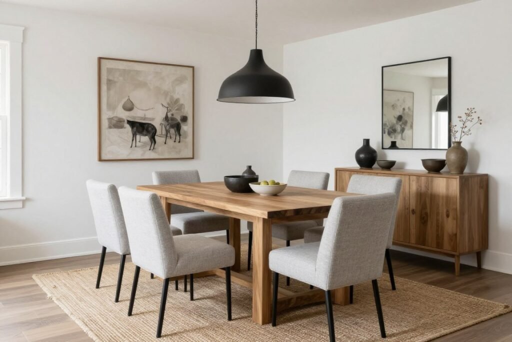 Modern farmhouse dining room with neutral color palette featuring whites, grays, and natural wood tones Modern farmhouse dining room with neutral color palette featuring whites, grays, and natural wood tones
