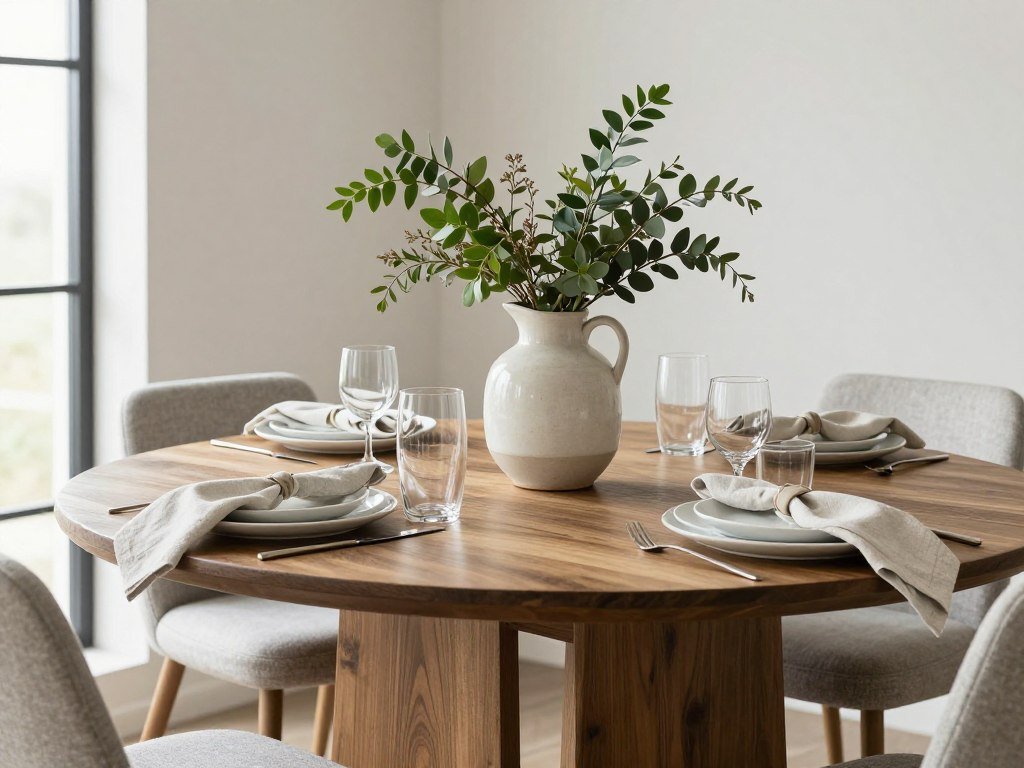 Modern farmhouse dining table with simple centerpiece and place settings Modern farmhouse dining table with simple centerpiece and place settings